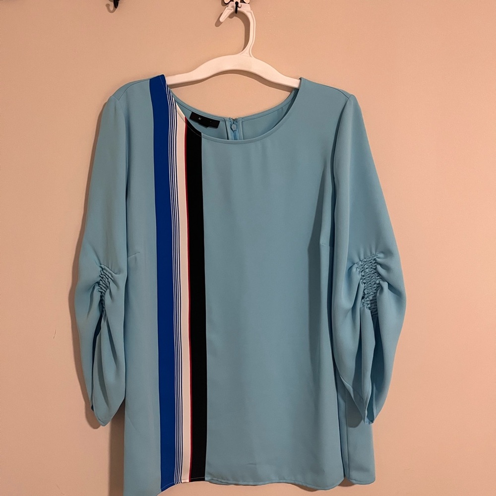 Alfani Womens Blue Striped Ruched Sleeve Blouse Top Plus Size 2X